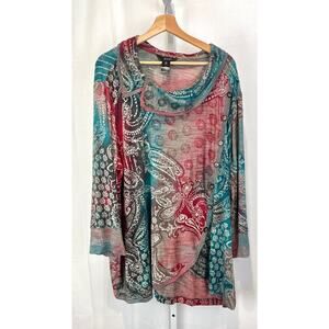 ALI MILES Geo Paisley Printed Tunic Top Split Cowl Neck Button Trim Size 3X Plus